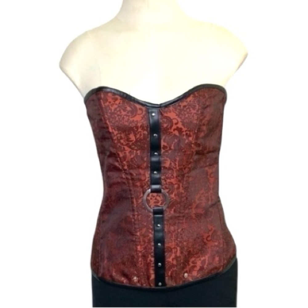Red Black Corset Top Tapestry Faux Leather Lace up Bustier L/XL Romantic Goth
